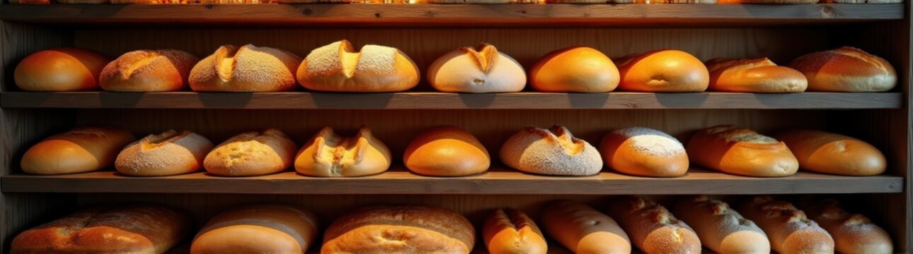 Shelf of breads with different types of bread food background banner