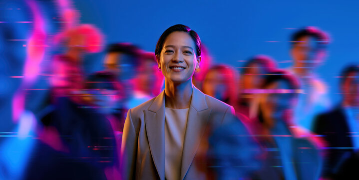 Positive Asian female leader in beige blazer framed by fast moving people and pink neon glitch motion blur