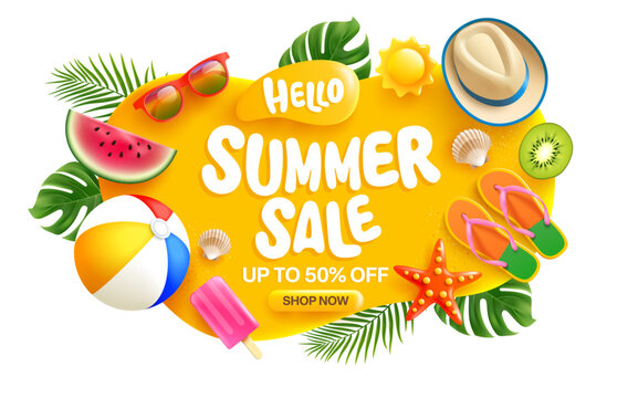 Colorful Summer Sale Banner with Sunglasses, Watermelon, Ice Cream, and Beach Ball, Vibrant Summer Sale Advertisement with Beach Accessories,Fruits and  Tropical leaves.Vector illustration eps 10