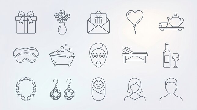 Icon set collection featuring various lifestyle symbols including spa treatment tools wellness items beauty accessories celebration objects and people avatars isolated on a clean background