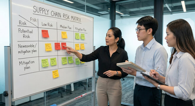 The purchasing team from the first image reunited in the glass-walled conference room to analyze the "Risk Matrix" on the whiteboard.