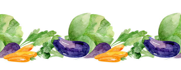 Watercolor vegetables seamless border. Hand drawn food illustration. For interior print, greeting card, fabric. © Lena