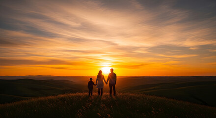 Fototapeta premium Family walks hand in hand at sunset on a serene landscape