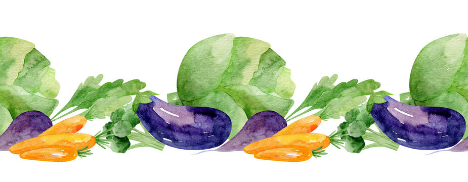 Watercolor vegetables seamless border. Hand drawn food illustration. For interior print, greeting card, fabric.