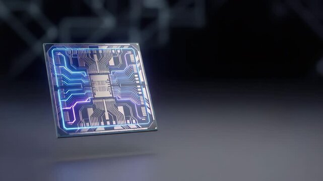 Macro panning shot of a modern glowing microchip on a dark minimalist background, high tech computer processor concept, 4K.