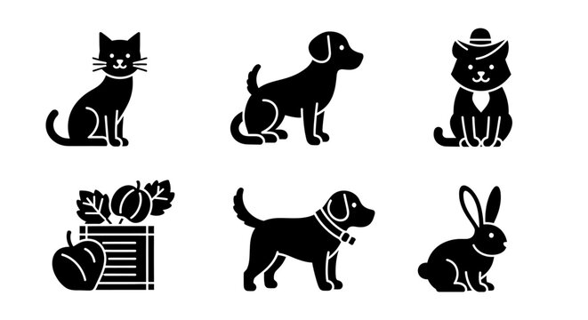 Cute Animal Icons: Cat, Dog, Rabbit, Pumpkin, Apple - Simple Vector Graphics