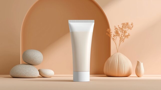 White cosmetic tube mockup with soft shadow on pastel background, minimal style