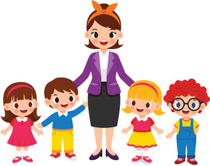 Obraz premium Teacher with Happy Kids Vector Illustration Featuring Children Standing with Female Educator, School Group, Learning Environment, and Childhood Education Concept