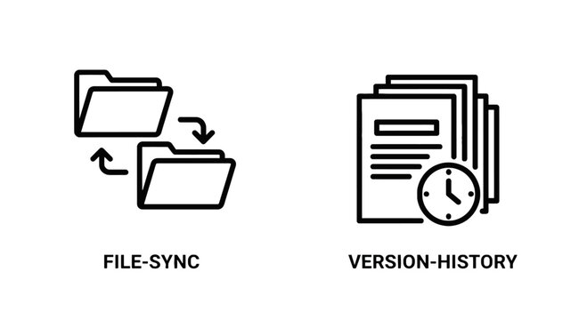 File sync and version history icons with synchronization document documents download transfer technology computer management database revision