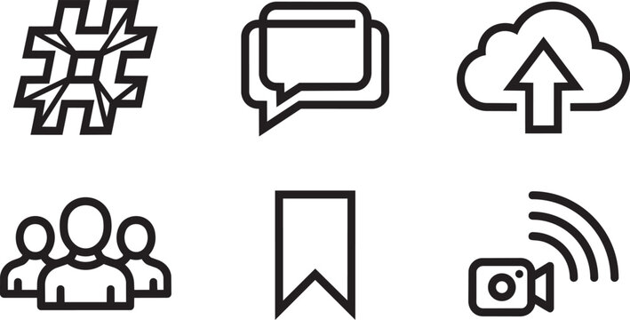 Black line icons, communication symbols, social media graphics, web elements, 6 pcs