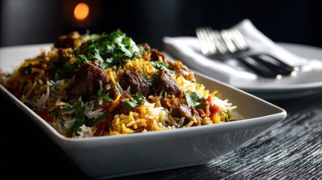 Traditional lamb biryani served in a white rectangular ceramic dish with fresh cilantro garnish on a dark wooden table in a restaurant setting with soft lighting