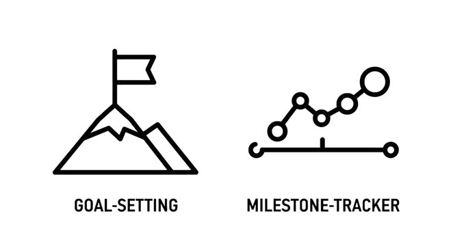 Goal setting mountain summit and milestone tracker icons with mountain achievement ambition milestone progress analysis strategy planning business