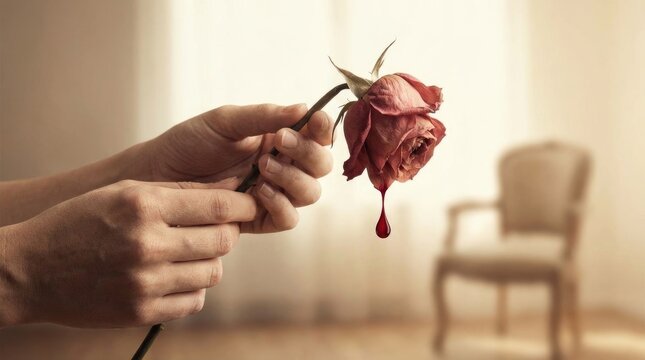 Iron deficiency anemia, a vital iron (Fe) blood disorder, hands carefully holding a withered rose with a single dripping red drop, symbolizing fragility, health decline