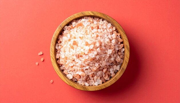 Overhead view of coarse Himalayan pink salt in a round wooden bowl on a bright red background