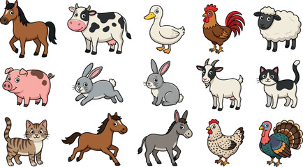 Fototapeta premium Cartoon Farm Animals Set with Horse, Cow, Duck, Rooster, Pig, Rabbit, Goat, Cat, and Turkey for Kids' Education