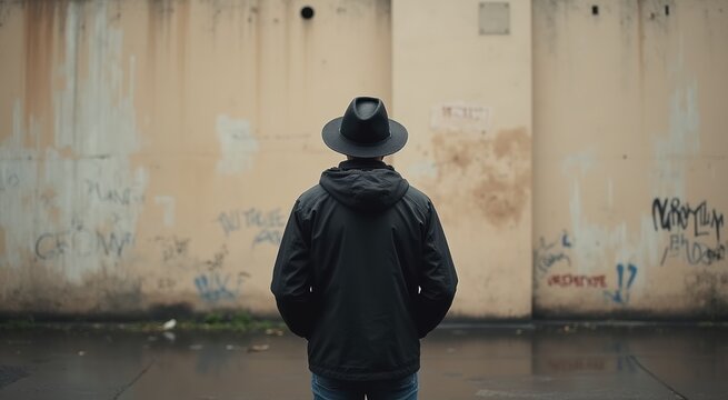Man in a black hat and jacket standing in front of a wall