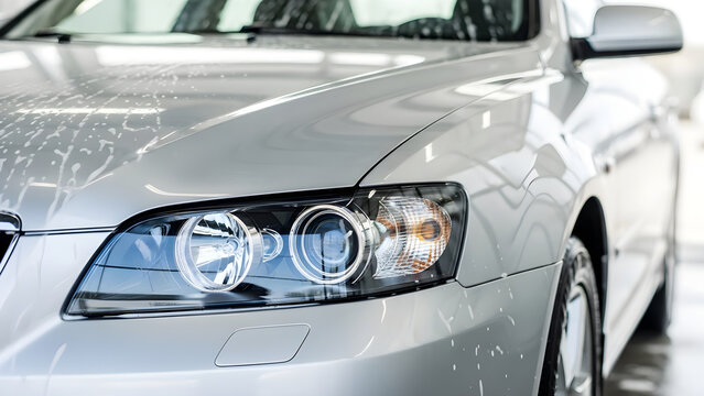 Close-up of a silver car with headlights on in a bright garage