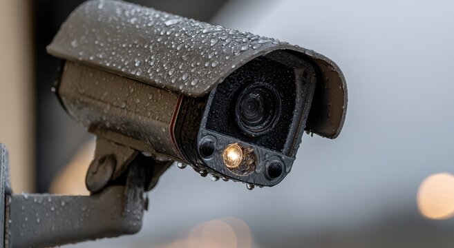 Outdoor security camera with infrared night vision lens covered in rain droplets during a stormy day in a close up macro perspective showing modern surveillance technology