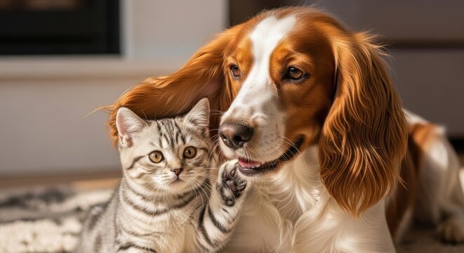 A brown and white dog lying next to a grey and black cat on a rug in a room with a window animals do