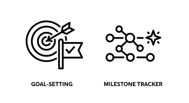 Goal setting and milestone tracker business icons set featuring target with arrow and network progress path illustration milestone achievement progress