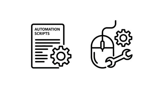 Automation scripts document and computer mouse with gear and wrench icons line art white background automation programming software document computer