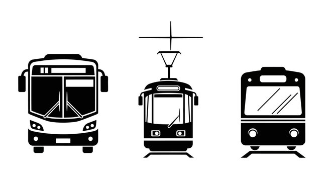 Set of public transport icons: bus, tram, train
