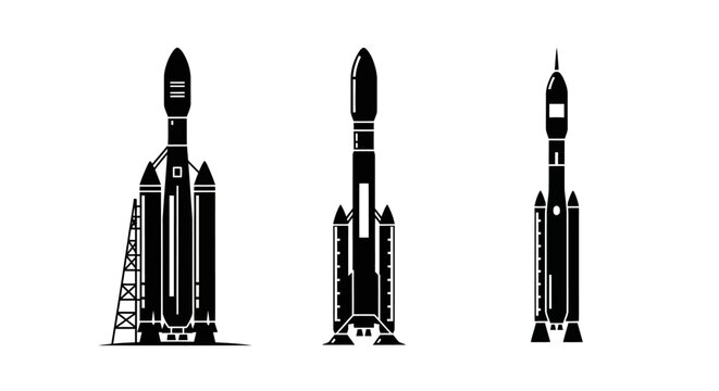Set of Three Rocket Silhouettes on White Background