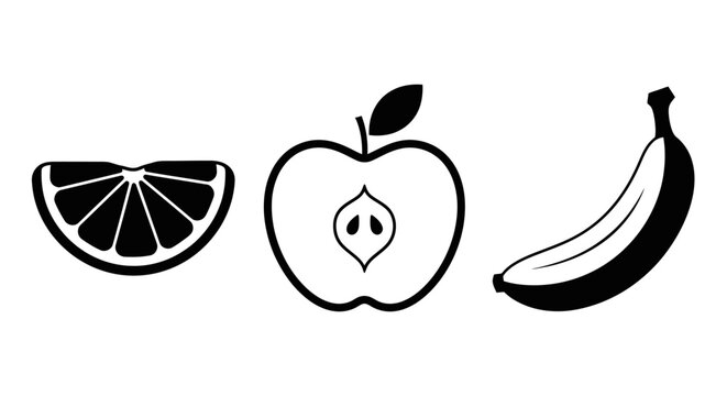 Simple Fruit Icons: Orange Slice, Apple Half, Banana