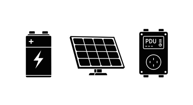 Solar Panel, Battery, and PDU Icons - Renewable Energy System Components