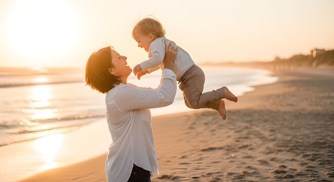 Happy fathers day loving dad tosses toddler son in the air on beach at sunset