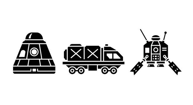 Space exploration vehicles: capsule, rover, and lander icons