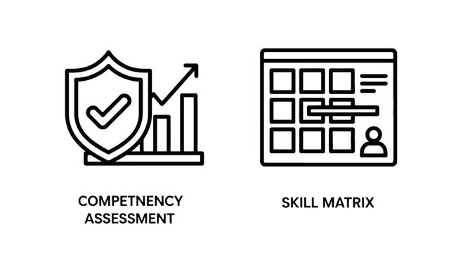Competency assessment and skill matrix chart icons with competency assessment business resources evaluation training development performance planning