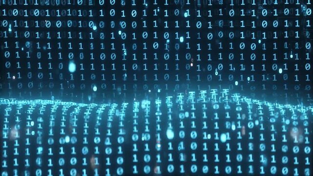 Blue binary digits forming flowing pattern in abstract digital style on dark backdrop, concept of data and technology