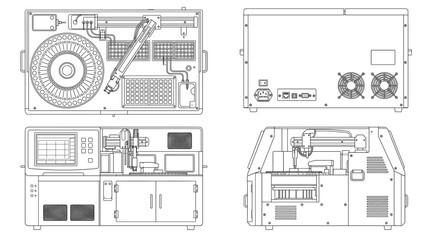 Fototapeta premium Lab analyzer technical drawing blueprint with front side back and top views CAD line art vector illustration