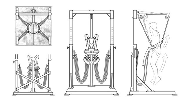 Jump trainer machine technical drawing blueprint with front side back and top views CAD line art vector illustration