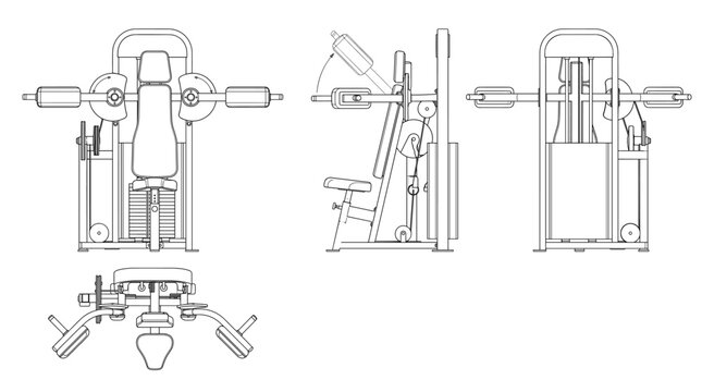 Lateral raise machine technical drawing blueprint with front side back and top views CAD line art vector illustration