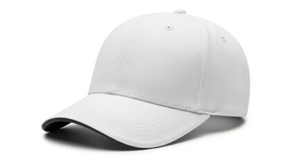 Fototapeta premium A white baseball cap with a curved brim and a flat top, set against a white background