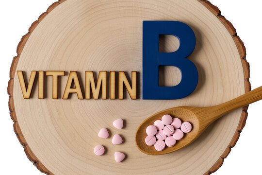 Vitamin b pills on wood slice with vitamin b vitamin health care vitamin