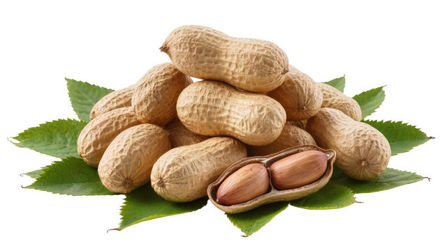 Pile of unshelled peanuts with one open pod revealing kernels, isolated on transparent background