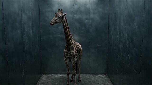 Giraffe standing inside elevator surreal conceptual animal scene in confined space
