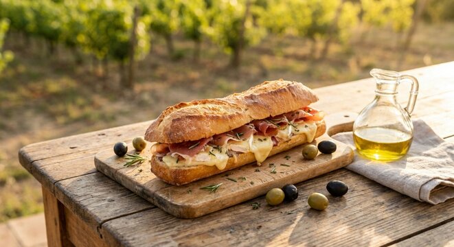 Prosciutto and Brie Sandwich with Olives and Olive Oil in a Vineyard
Sandu&iacute;che de presunto e brie com azeitonas e azeite em um vinhedo.