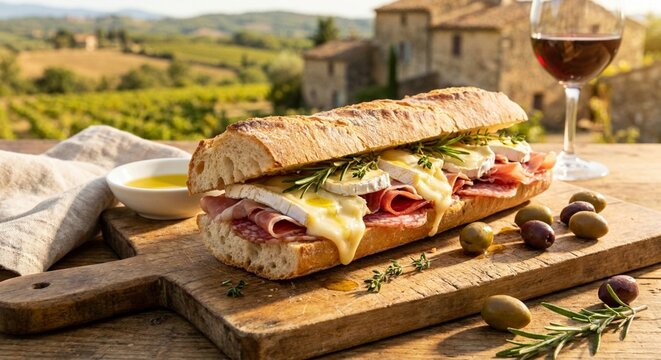 Baguette sandwich with salami and brie cheese on a wooden board in a vineyard
Sandu&iacute;che de baguete com salame e queijo brie em uma t&aacute;bua de madeira em um vinhedo.