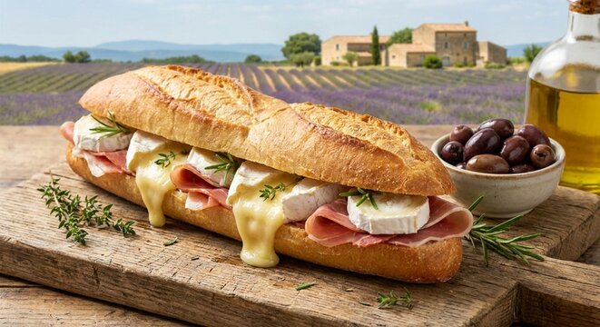 Baguette sandwich with prosciutto and brie cheese in a lavender field
Sandu&iacute;che de baguete com presunto e queijo brie em um campo de lavanda