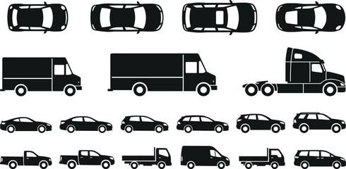 Set of Vehicle Silhouettes Including Cars Vans Trucks and SUVs in Black © Yousuf