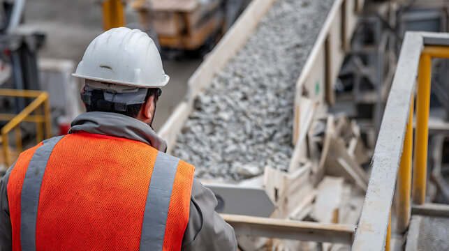 Industrial worker observes rock conveyor system at a construction or quarry site, wearing a safety helmet and high-visibility vest