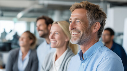 Obraz premium Group of Dutch professionals, men and women, 5 people (mid 30s and 55s, business casual clothing) having a meeting in a modern, light office in several differant situations in the