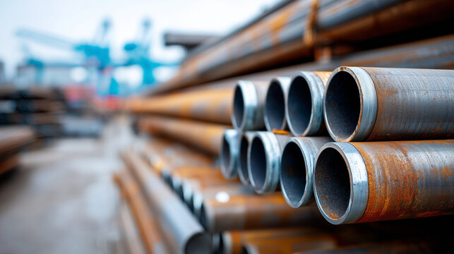 Wide low-angle shot looking along the length of hundreds of large steel pipes stacked in massive rows at an industrial yard, pipes receding dramatically to vanishing point, cool ov