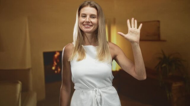 Blonde woman smiling and waving her right hand, wearing a white sleeveless dress, standing beside a lit fireplace and potted plant in a studio set; welcoming warmth.
