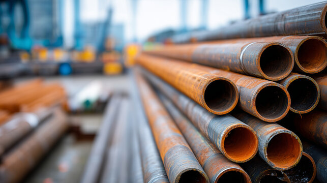 Wide low-angle shot looking along the length of hundreds of large steel pipes stacked in massive rows at an industrial yard, pipes receding dramatically to vanishing point, cool ov