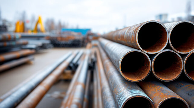 Wide low-angle shot looking along the length of hundreds of large steel pipes stacked in massive rows at an industrial yard, pipes receding dramatically to vanishing point, cool ov